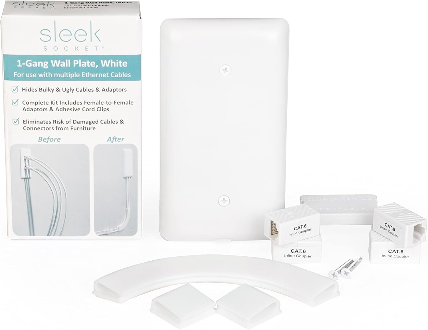 Sleek Socket Ethernet Cable AND Ethernet Concealer with Adhesive Cable Management Kit and Female-to-Female Connectors, UL Certified