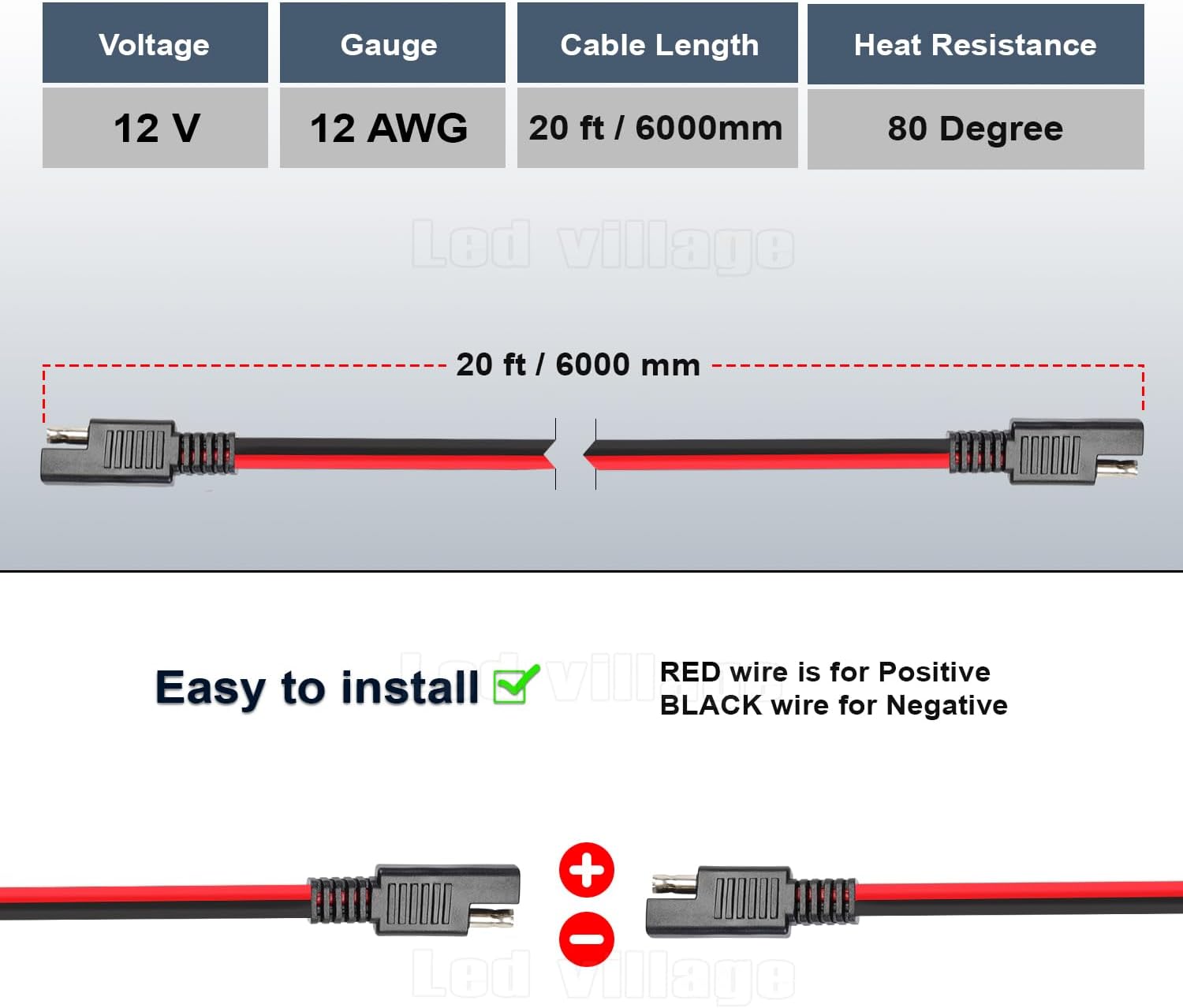 1 Pack SAE to SAE Cable 12 AWG - 20FT (30A) Extension Cord Wire Harness, 2 Pin Connector Plug, Quick Disconnect for Solar Panel, Battery, Motorcycle, Automotive