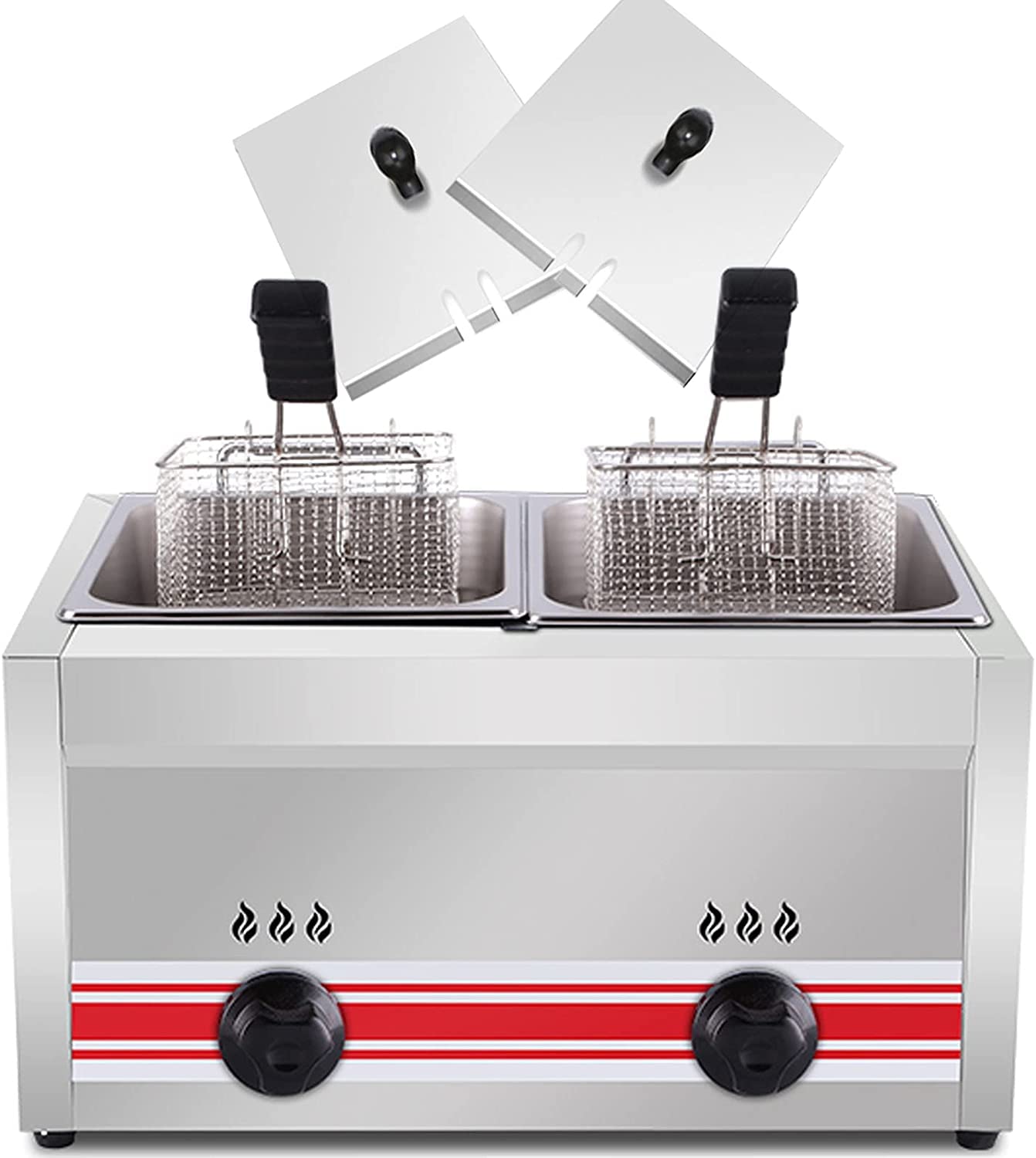 Macchina per patatine fritte in acciaio inox, friggitrice a gas di grande capacità 10L/20L/30L, autoportante, potenza regolabile, con cestelli e coperchi rimovibili, per patatine, ciambelle, friggitr