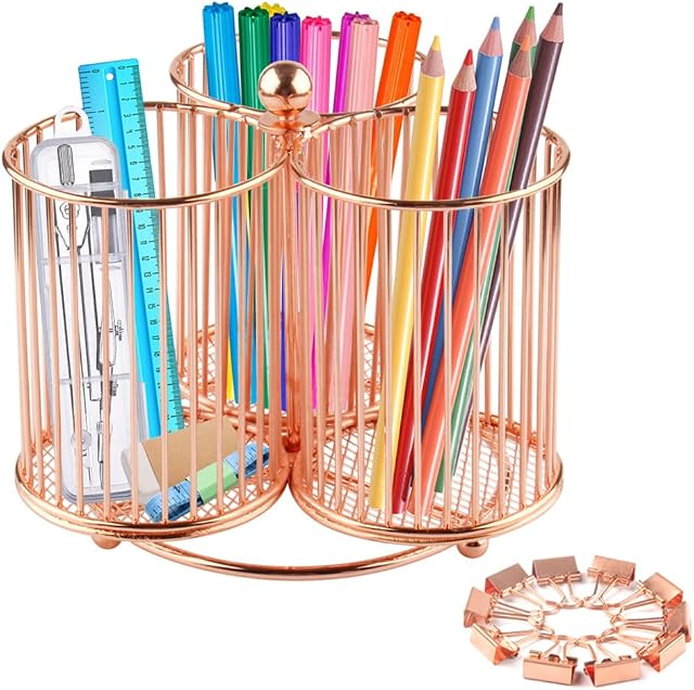 Geila Rose Gold Pen Holder for Desk, Rotating Pencil Holder, 3 Compartment Rotate Desk Organizer Pen Holder, Art Supply Caddy, Desktop Stationary Storage Organizer