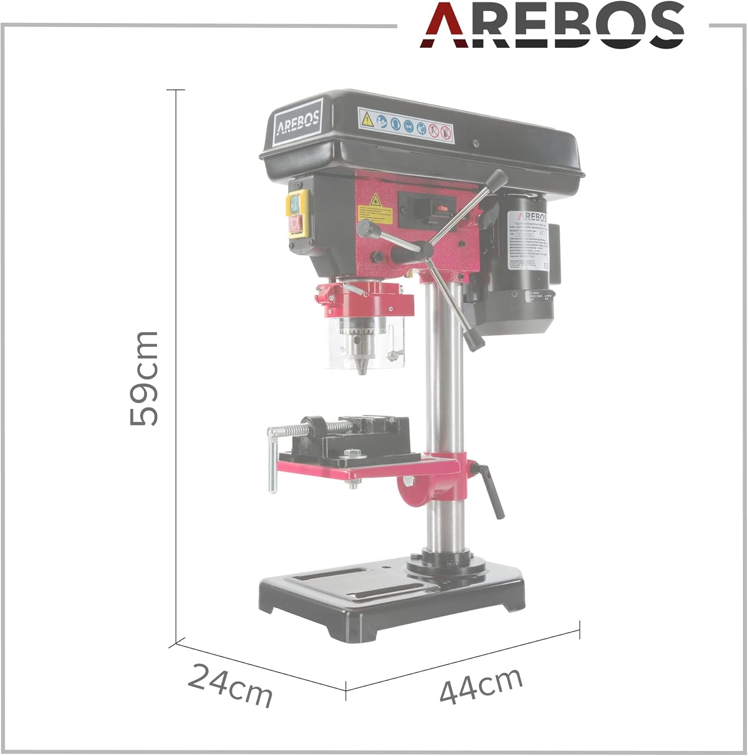 Arebos Bench Drill Press with dimensions labeled: 59cm height, 24cm width, 44cm depth