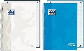 Oxford, Cuadernos A4, Pack 2 Libretas A4 Microperforadas Europeanbook 1, Tapa Extradura, Espiral, Cuadrícula 5x5, Color Azul Turquesa y Blanco