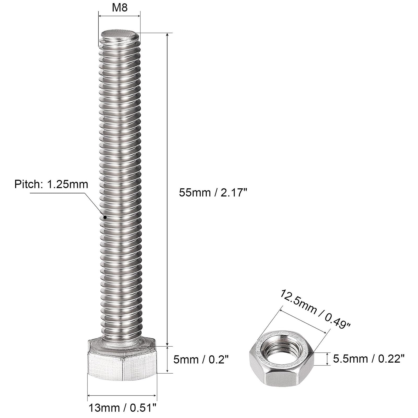 TOP-VIGOR 4Pcs M8 x 55mm Hex Head Screws Bolts, Nuts, Flat & Lock Washers Kits - Image 2