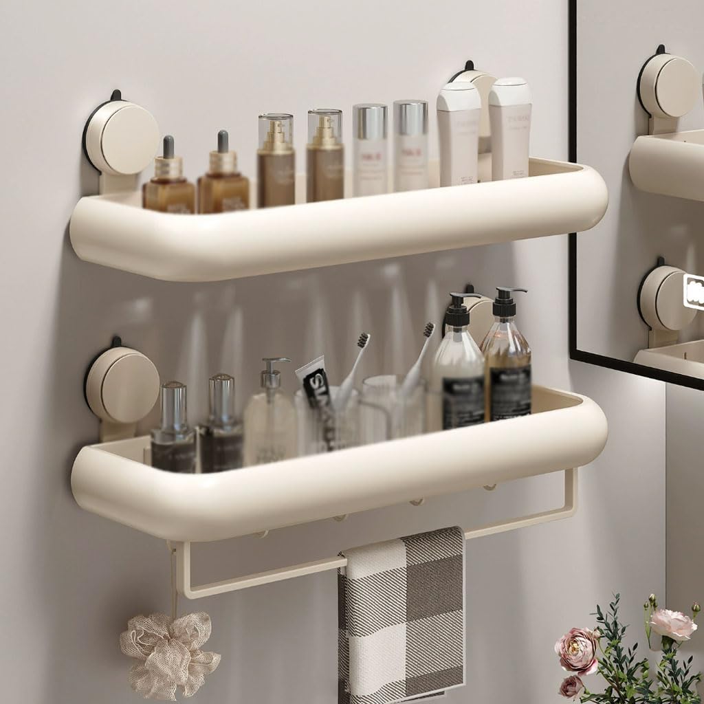Estante de Ducha sin taladrar Organizador de baño con Ventosa, Estante de Pared con toallero y Ganchos, Estante de Ducha para Gel de Ducha, cepillos de Dientes, cremas,B,50cm
