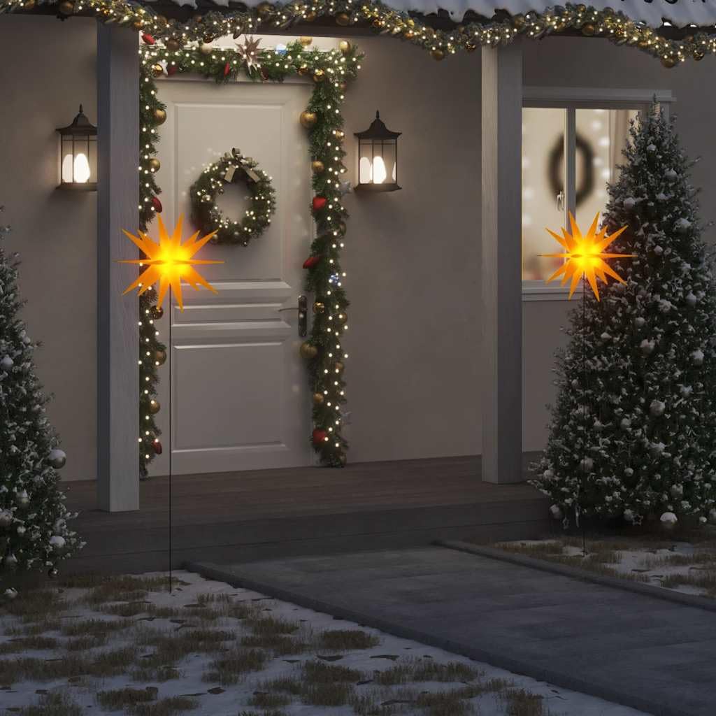 LED-Weihnachtssterne 3 Stück mit Erdspießen faltbar Gelb 57 cm warmweiß IP44 wasserdicht Timer innen außen Garten Balkon Terrasse festliche Deko