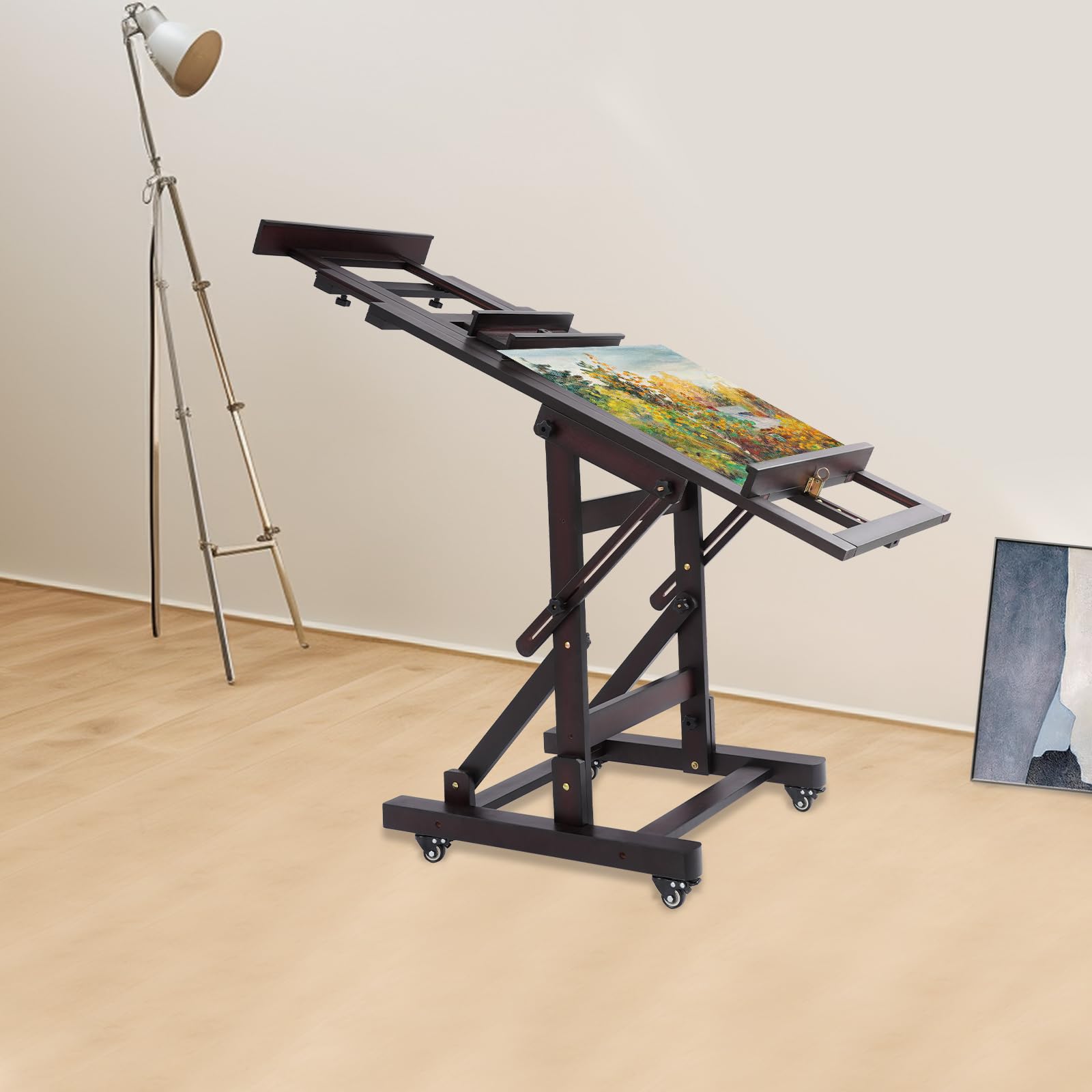 Caballete de madera ajustable en altura 140 – 300 cm, caballete de pintura móvil con ruedas y freno, doble soporte de lienzo, para taller, estudio y hogar (color nogal)
