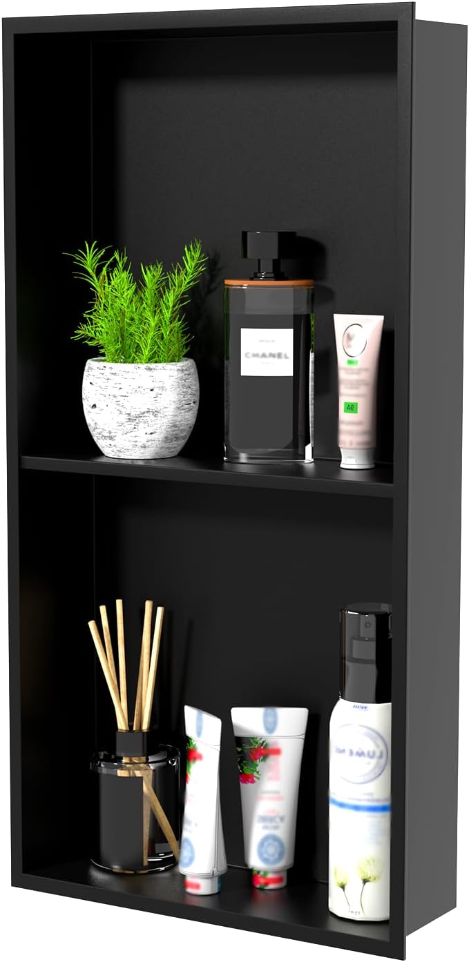 NLShan Shower Niche No Tile Needed: Recessed and Stainless Steel Wall Niche with Double Shelves - Easy Installation for Shower Storage.