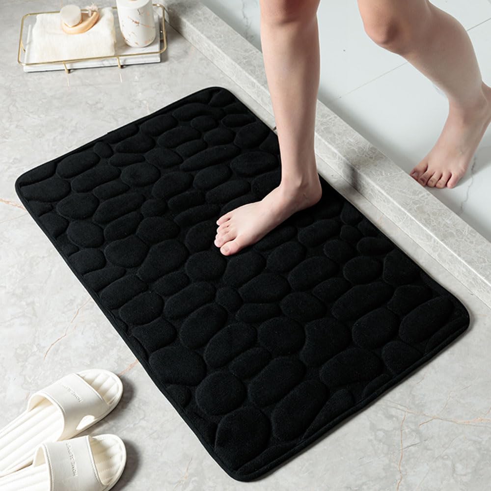Hiseng Alfombra Baño Lana de Coral Suave, Alfombrilla Baño Lavable a Máquina, Guijarros de Color Sólido Alfombras Baño Secado Rapido, Alfombra Banos Antideslizante (40x60cm,Negro)