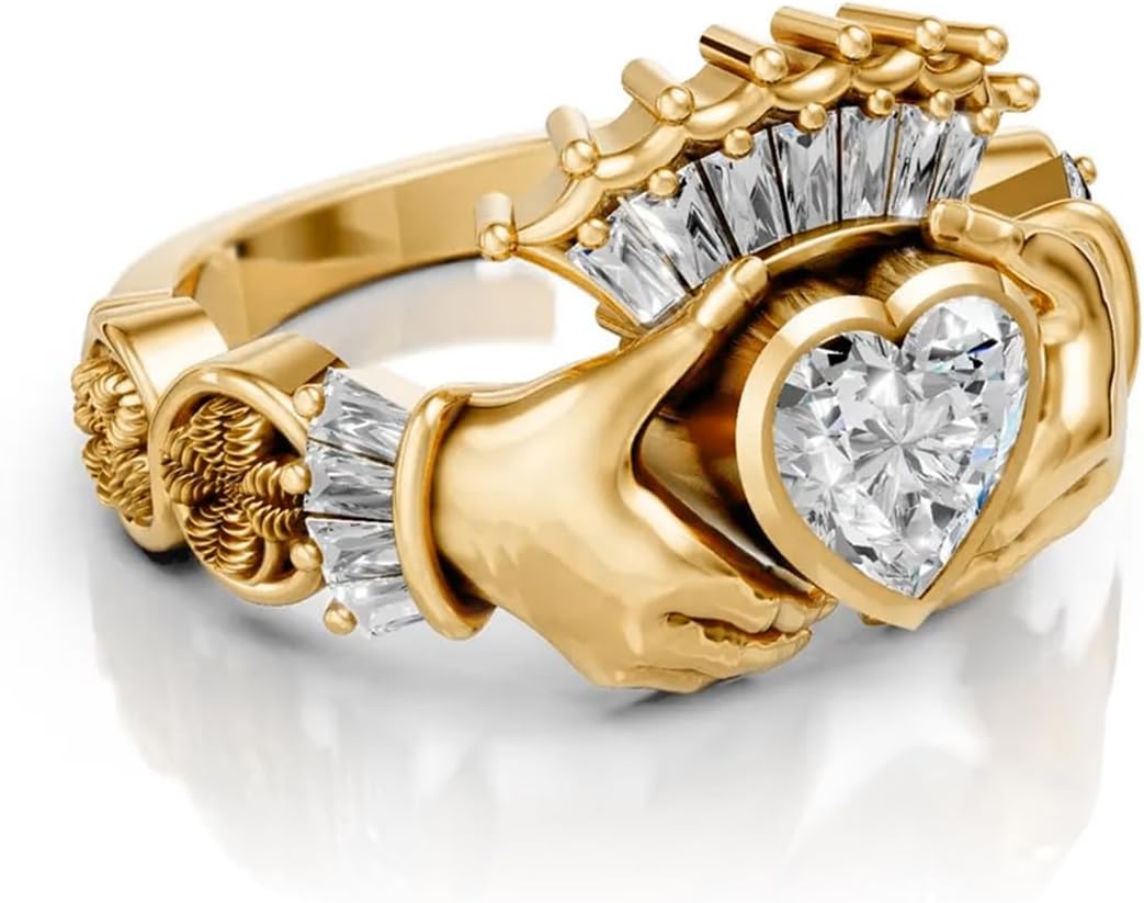 S925 10k/14k/18k Real Gold Claddagh Couple Ring Set for Men and Women, Heart Cut Moissanite Celtic Ring Set for Couple Personalized Wedding Engagement Anniversary