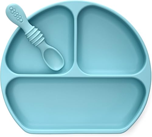 Juego de plato y cuchara de silicona irrompible antideslizante para bebés y niños pequeños, color azul pacífico