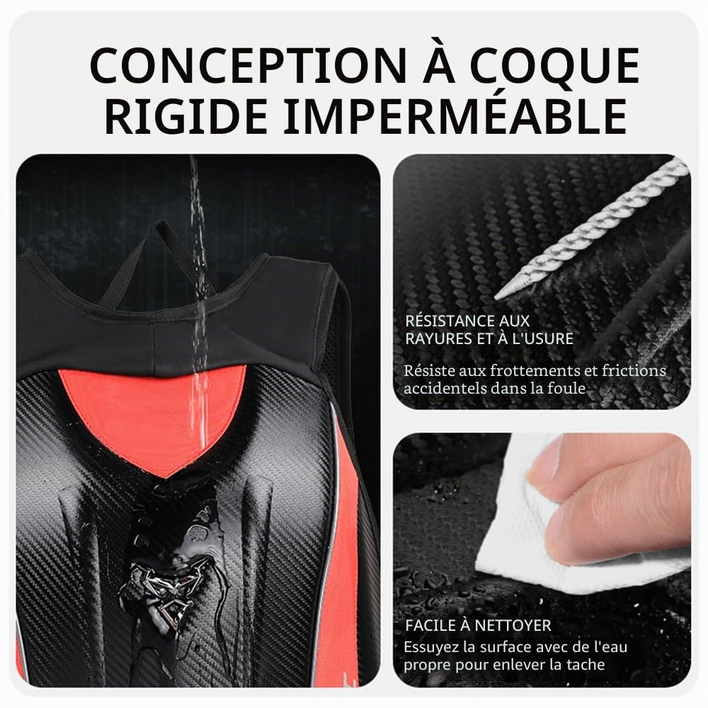 Sac à dos de moto imperméable en fibre de carbone avec coque rigide réfléchissante