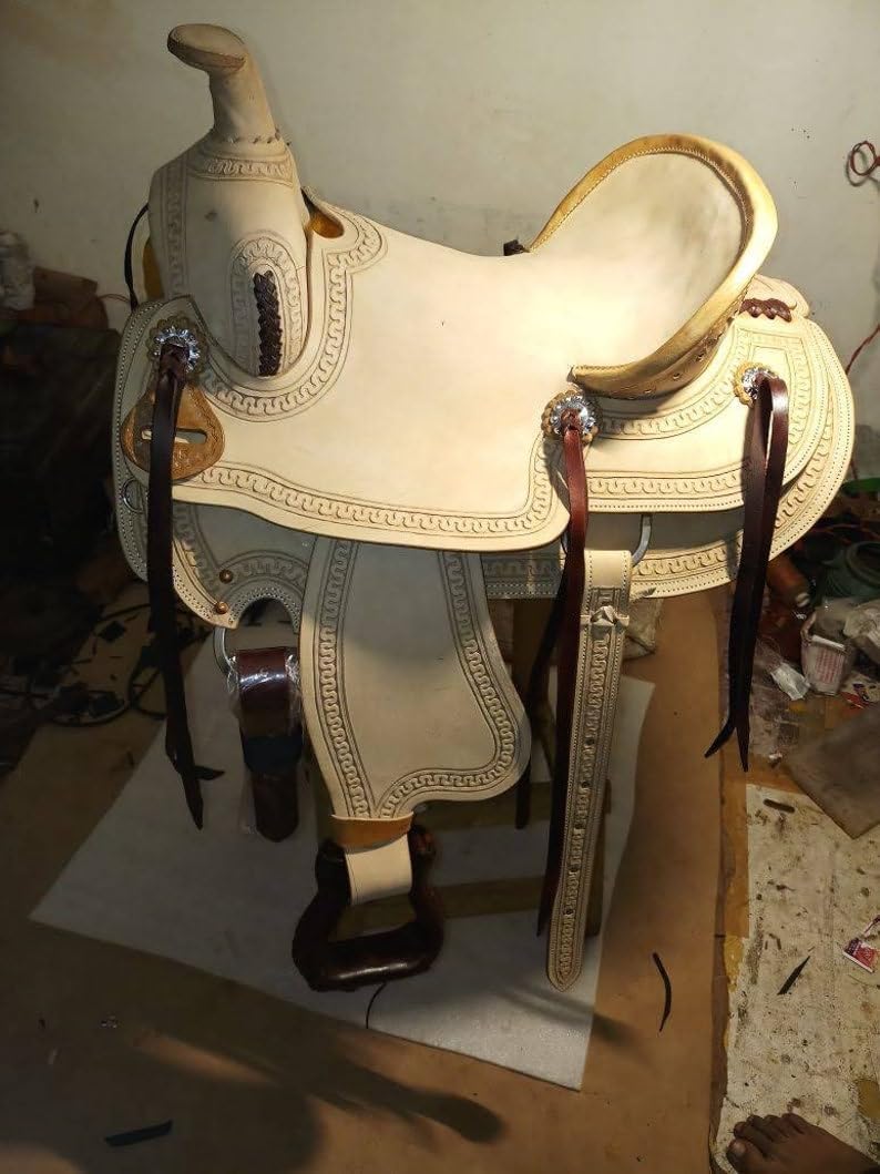 Western Horse Saddle Wade Tree A Fork Ranch Roping Work Handmade Tooled Carved Premium Leather Equestrian Trail Horse Saddle for Horse Riding Size: 10-18 inches Seat, OS66
