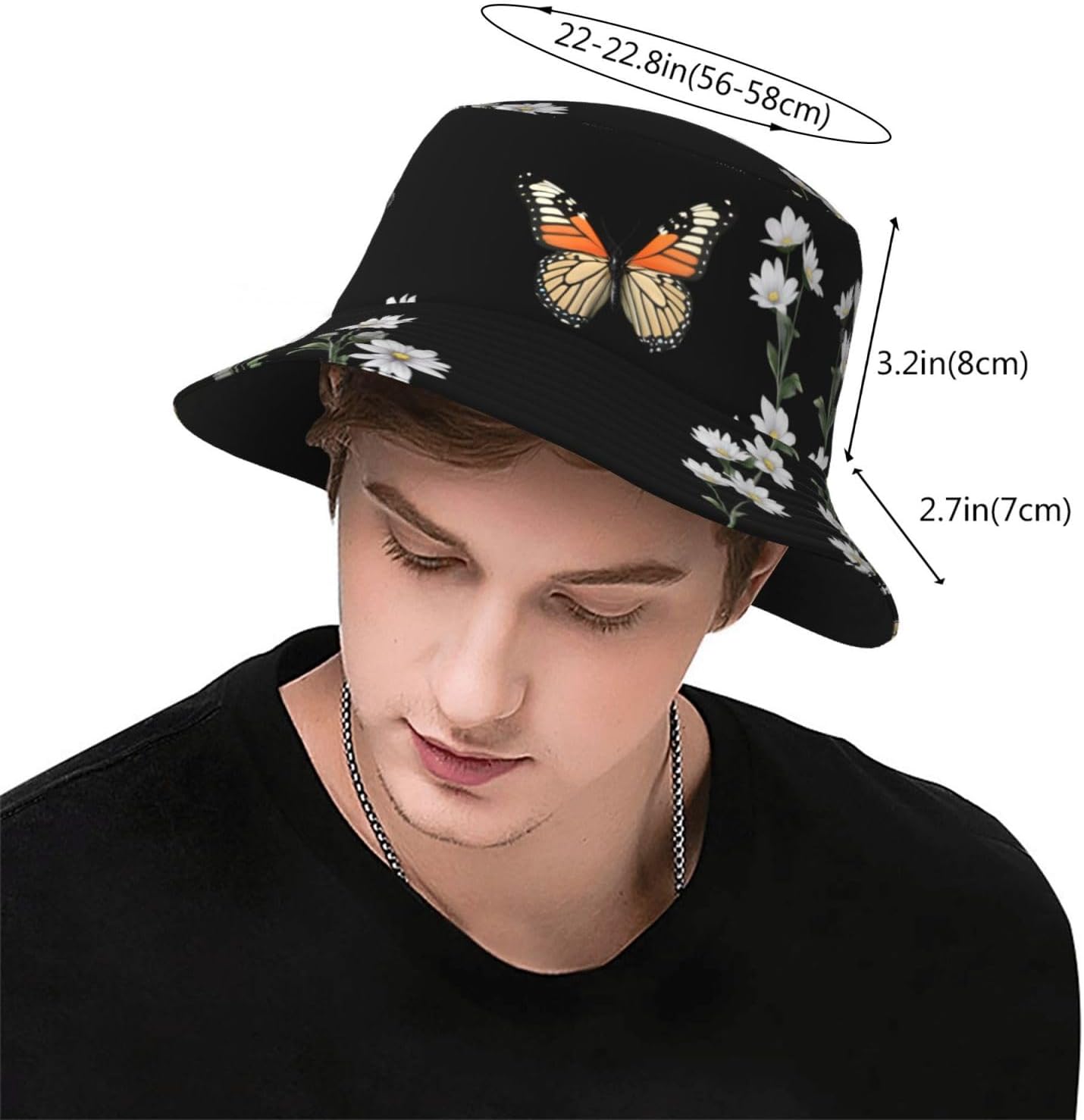 Dancing Butterfly Prints Summer Outdoor Travel Bucket hat, a Beach Sun hat Suitable for Both Men and Women Black