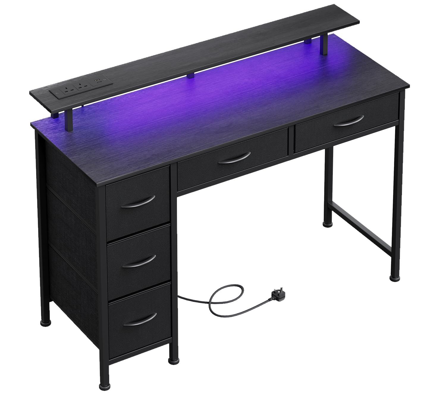 MUTUN 100CM Computer Desk with 5 Fabric Drawers, Gaming Desk with LED Lights & Power Outlets, Home Office desk with Monitor Stand, Work Desk with USB Charging Port, Black