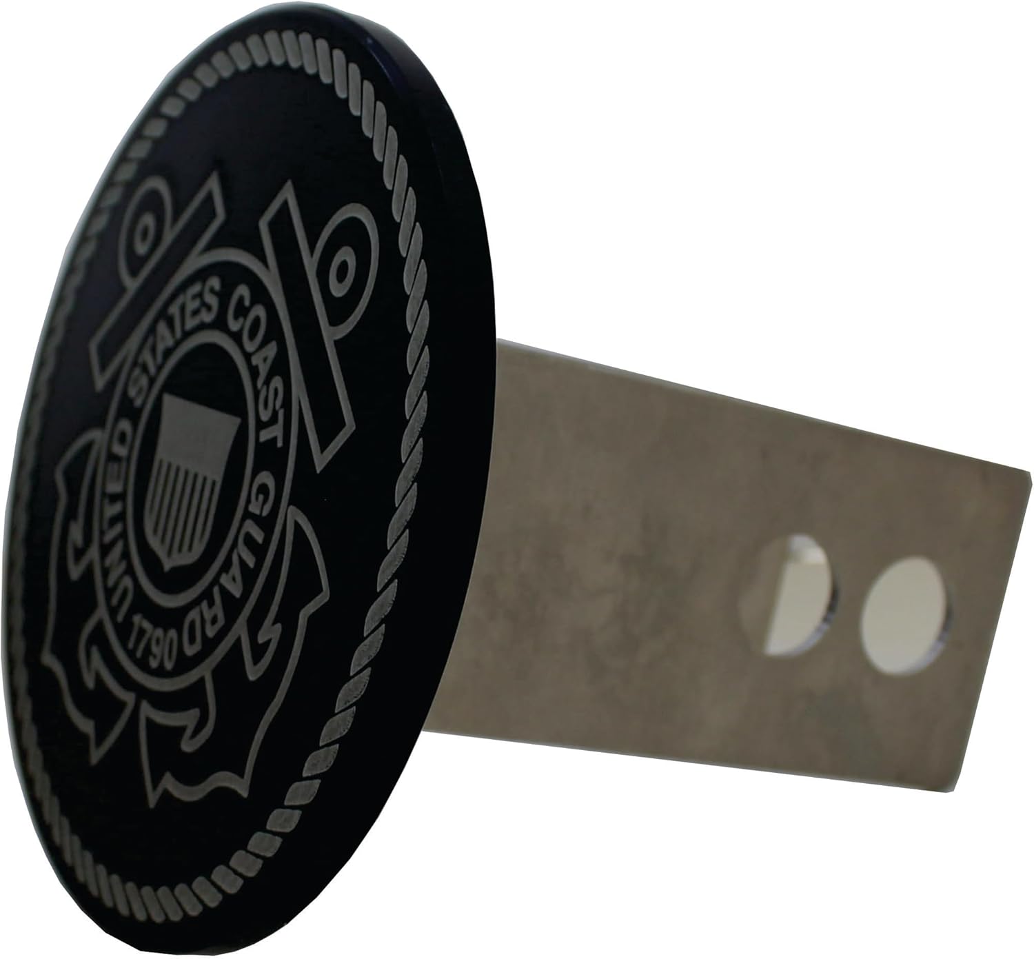 Military Hitch Covers Made in USA Machined from 1/4” Thick 6061 Aluminum in a 5” Round Design and 2” Aluminum Plug to Prevent Rust Matte Black Powder Coated and Laser Engraved (Coast Guard)