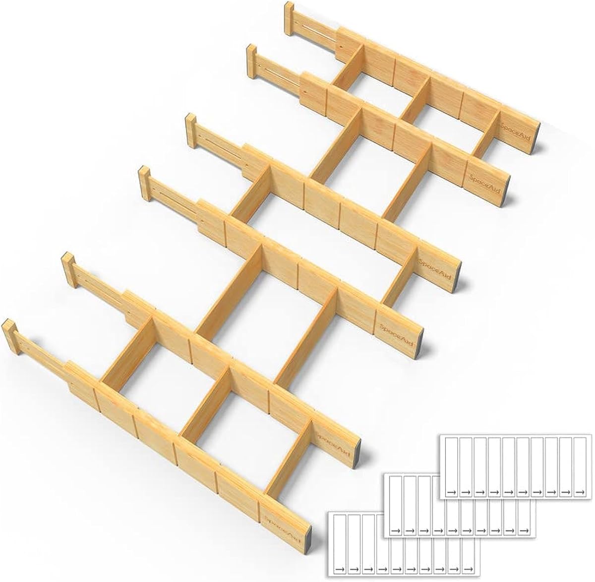 SpaceAid Separadores de cajones de bambú con inserciones y etiquetas, organizadores de cajones ajustables para cocina, organización expandible para el hogar, oficina, aparadores y baño, 6 divisores con 12 inserciones (17-22 pulgadas)