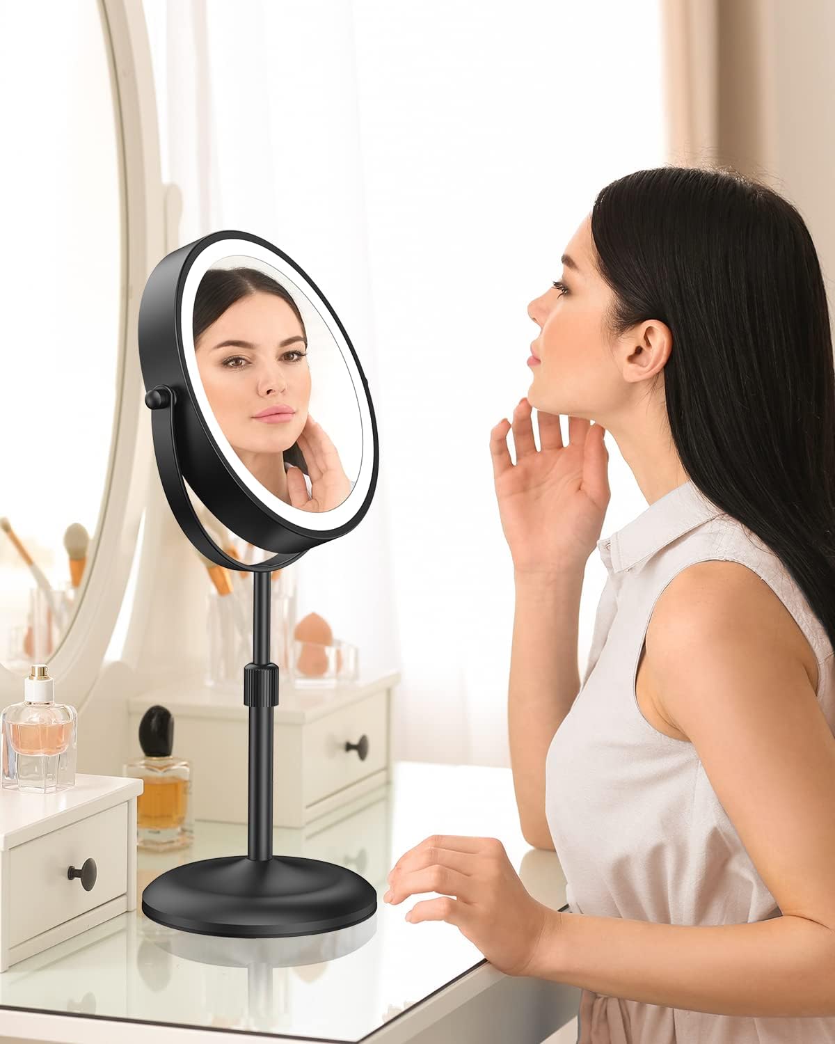 Benbilry Lighted Makeup Mirror with 10X Magnification & 3 Color Lights, Adjustable Brightness & Height, 7 Inch 360° Swivel Rechargeable LED Magnifying Make Up Vanity Mirror with Lighting (Black) - Image 6