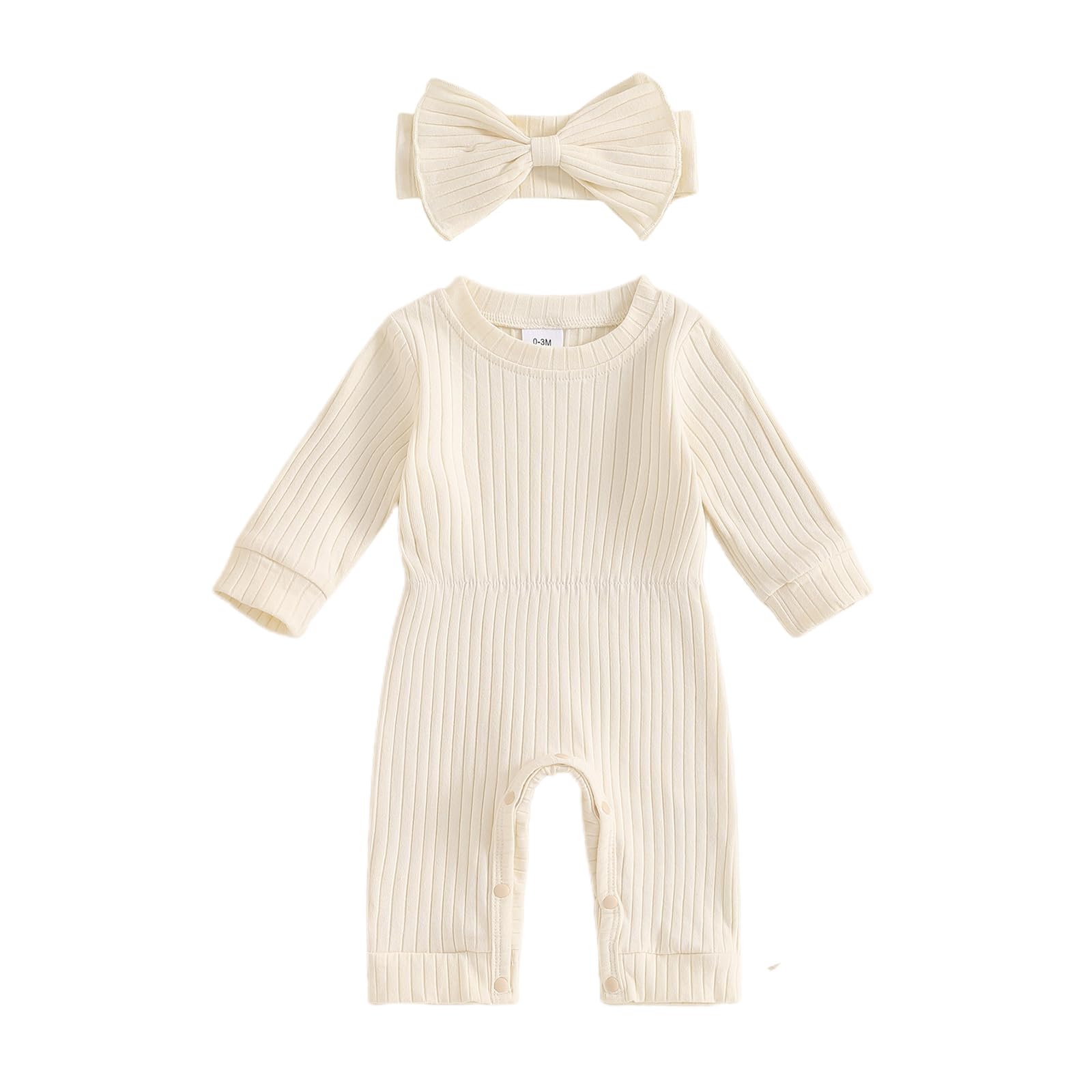 Winioder Newborn Baby Girl Fall Clothes Ribbed Long Sleeve Romper Jumpsuit with Headband Infant 2Pcs Coming Home Outfit(Beige,Newborn)