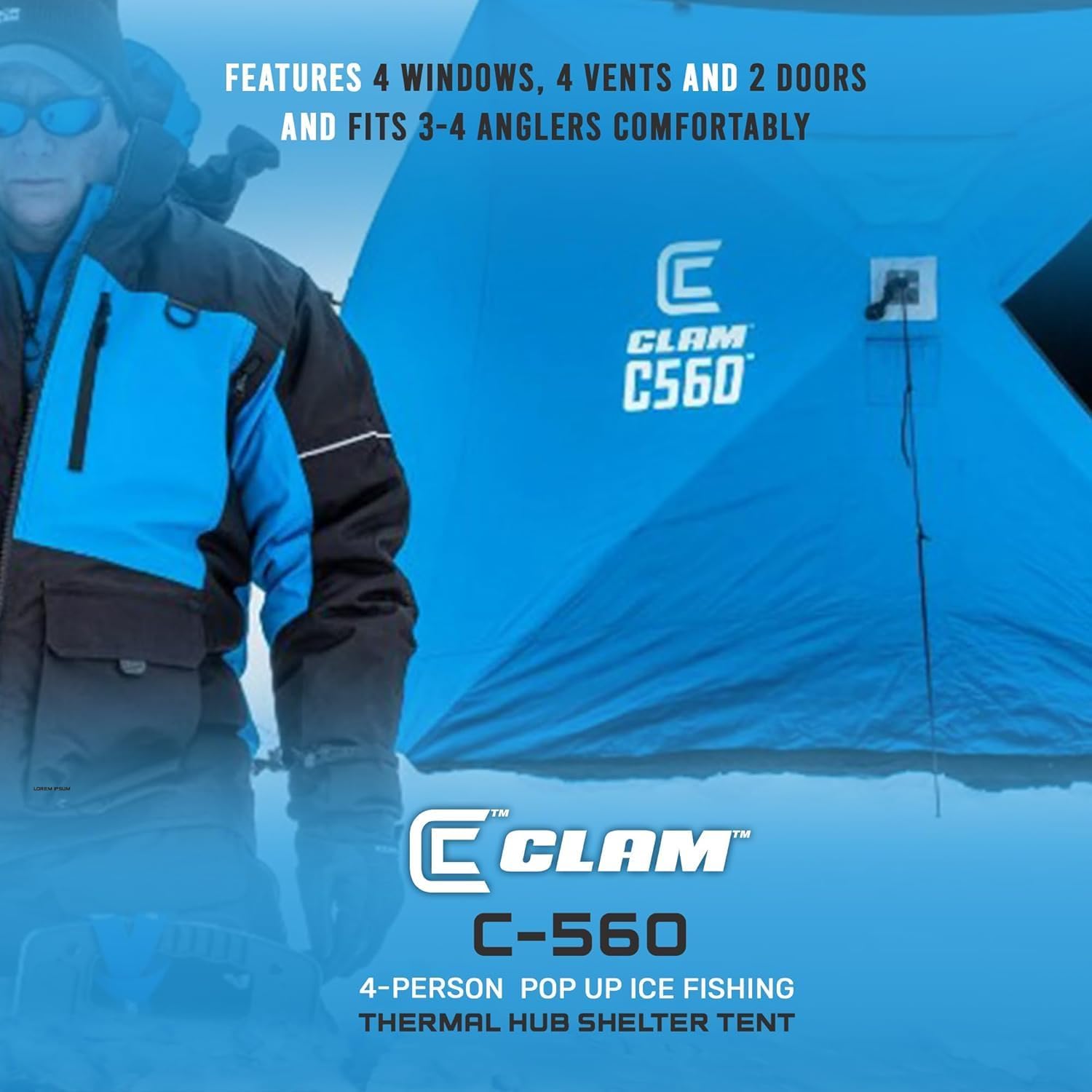 CLAM Pop-Up Ice Fishing Hub Shelter – 4-Sided Portable Tent with Anchors, Snow Skirt & Bag – 6x6 ft, 2–3 Angler - Uninsulated