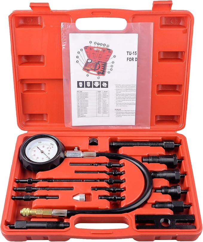Diesel Engine Compression Tester Kit with 0-1000 psi Gauge and Adapters Cylinder Pressure Test Tool Kit Diesel Injector Tester Check Cylinders in Diesel Car & Truck