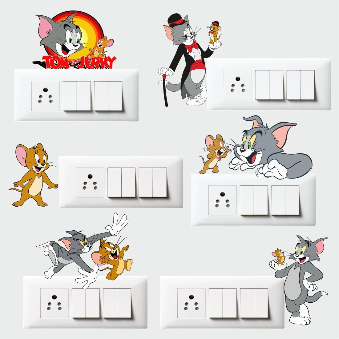 Guru1ders Tom & Jerry Switch Board Wall Stickers, 6 Pack, PVC Vinyl, Multicolor, Cartoon Style, Rectangular Shape, Waterproof, Indoor Use, Warner Bros