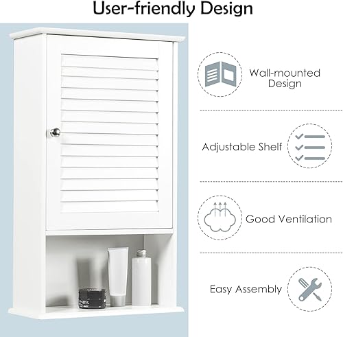 Miniatura 8 de Tangkula Gabinete de medicina, gabinete de baño montado en la pared, gabinete de pared de baño de madera de una sola puerta con estante ajustable