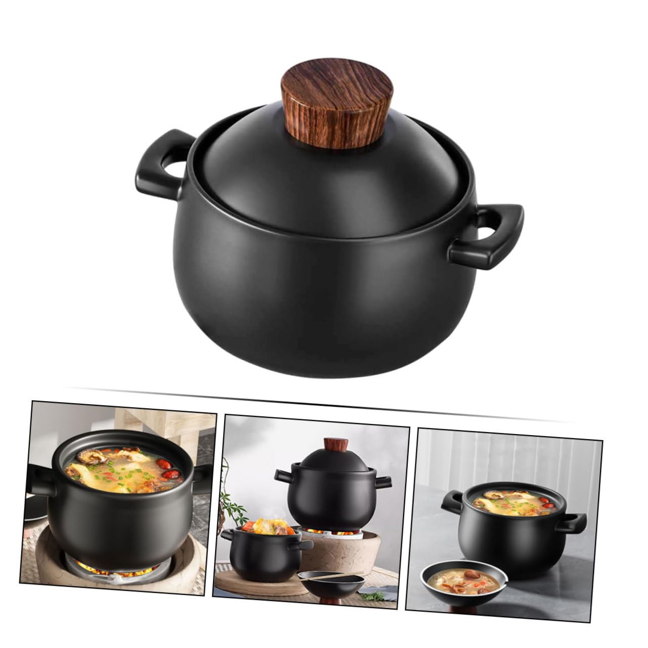 Cazuela de Cerámica Negra 2, 5l para Guisar y Cocinar | Cerámica y Madera, Superficie Lisa, Alta Temperatura, No se Agrieta con Facilidad