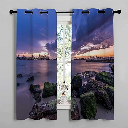 Miniatura 2 de Bathroom Window Curtain Landscapes Sunset Night Scenery Doorway Curtain Rod Cortinas para Ventanas De Cuarto 55Inch Width by 55Inch Length,2 Panels