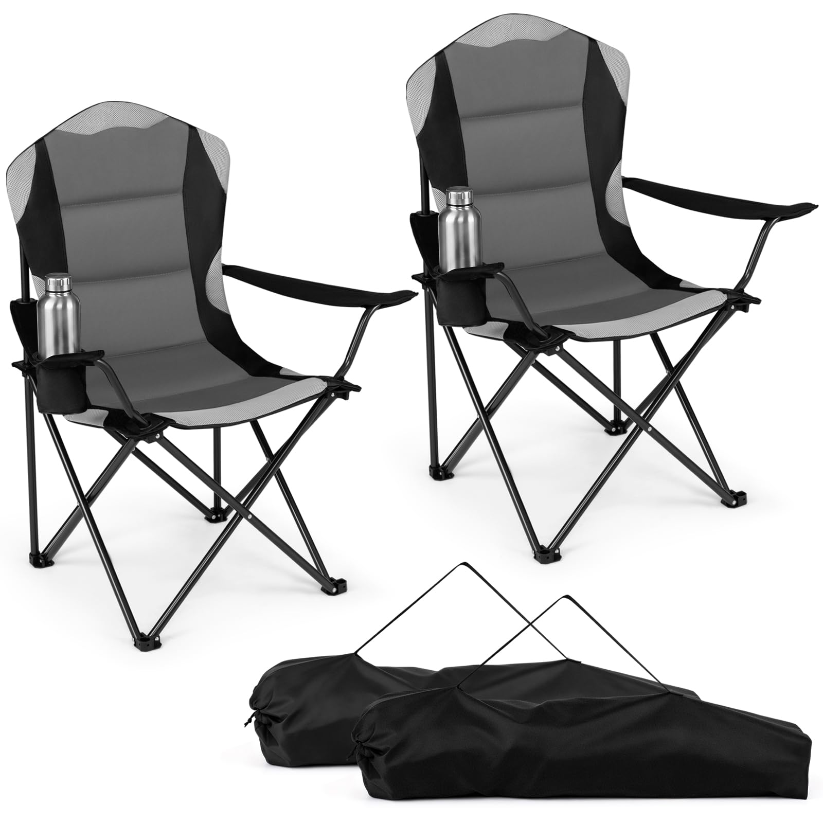 COSTWAY 1/2 Pack Folding Camping Chair, Large Padded Chair (2,Black + Gray)
