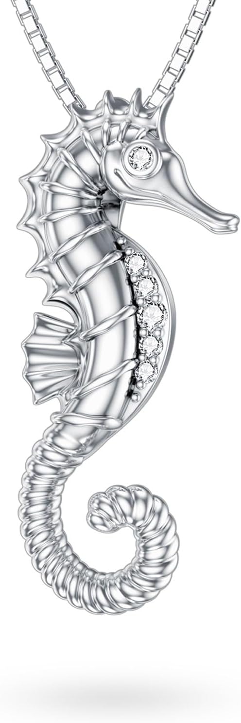 Diamond Seahorse Necklace for Women 925 Sterling Sliver Lab Grown Diamond Sea horse Pendant 18K White Gold Plated Ocean Jewelry 18 Inch