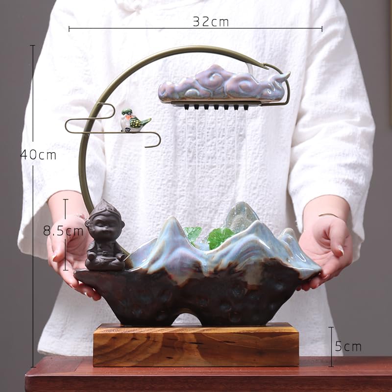 Fuente Decorativa de jardín, Fuente de Agua con Cascada, de cerámica, con función humidificadora, Bomba de Agua, Feng Shui Zen, decoración para salón, Dormitorio, Oficina, 32 x 12 x 40 cm