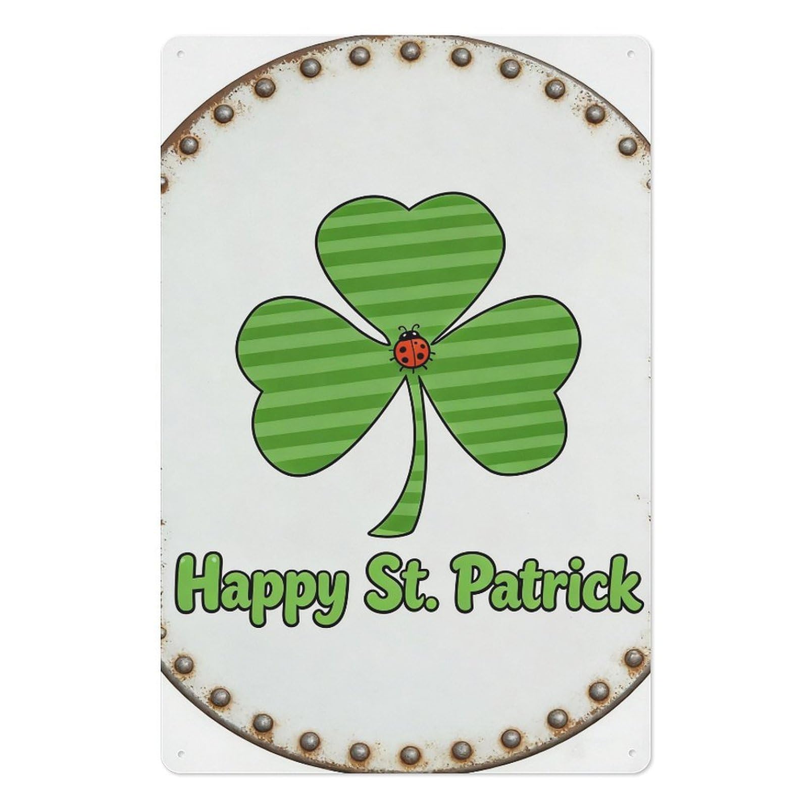peiyeety Happy St. Patrick Metal Tin Sign 8x12 Inch – Striped Shamrock with Ladybug Wall Art for Family and Community Celebration Decor