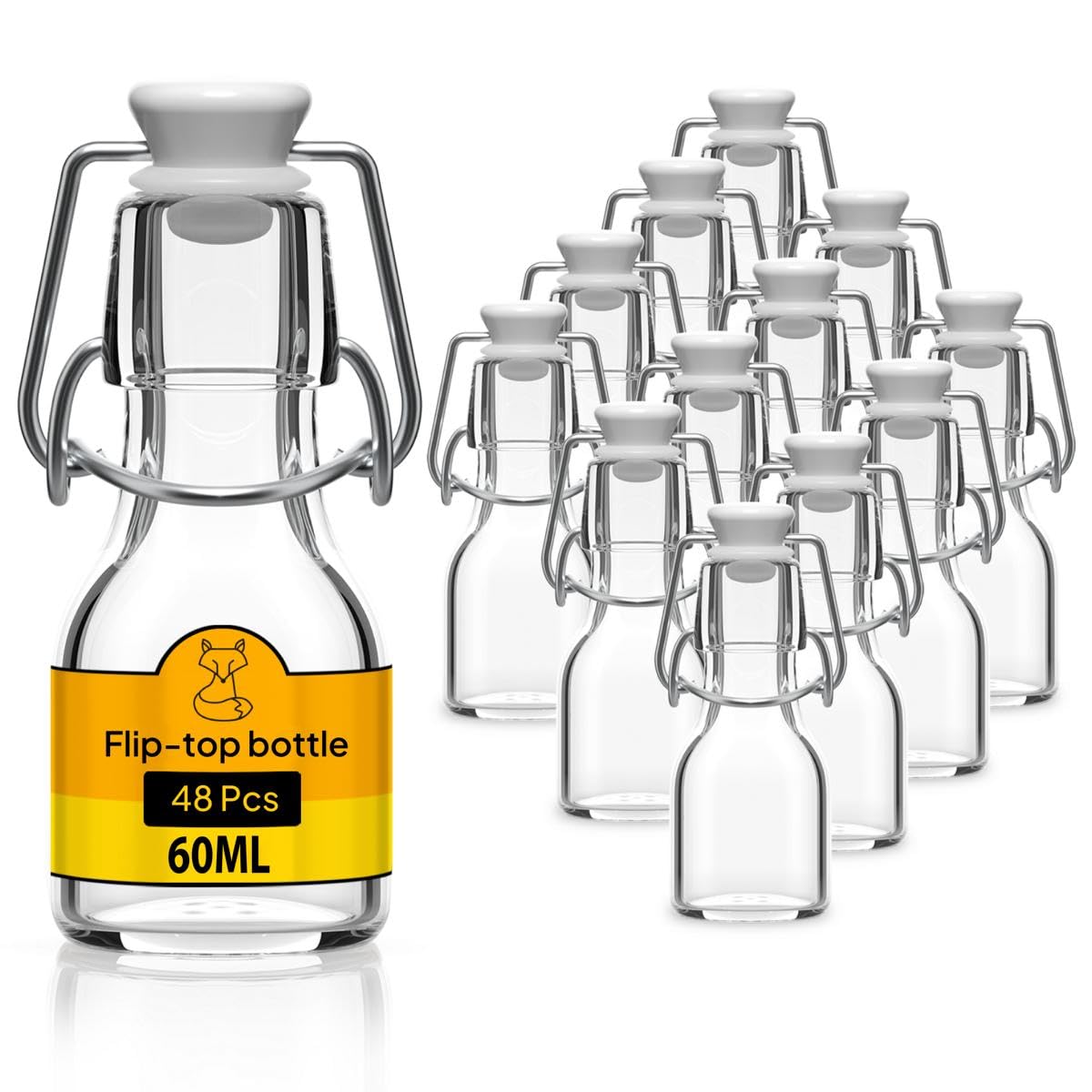 Set di 48 Bottiglie in Vetro da 60ml con Chiusura Ermetica - Bottiglia per Olio, Vino, Liquori, Acqua, Birra, Succhi di Frutta, Conserve e Latte - Bottigliette di Vetro piccole