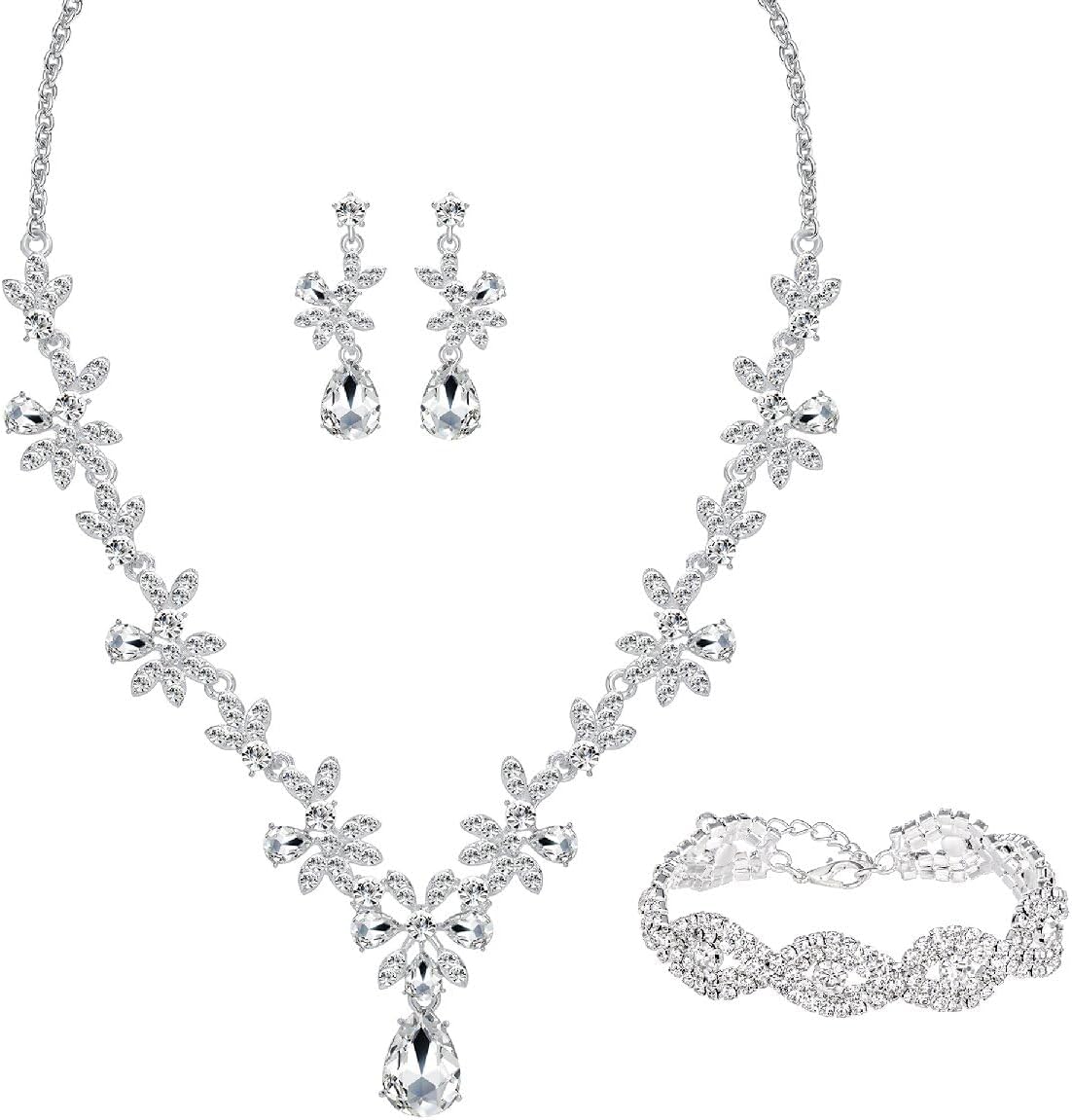 3 Pieces Silver Plated Jewelry Set for Women, Artificial Rhinestone Crystal Statement Necklace Teardrop Dangle Earrings Link Tennis Bracelet Costume Jewelry for Bridal Wedding Party