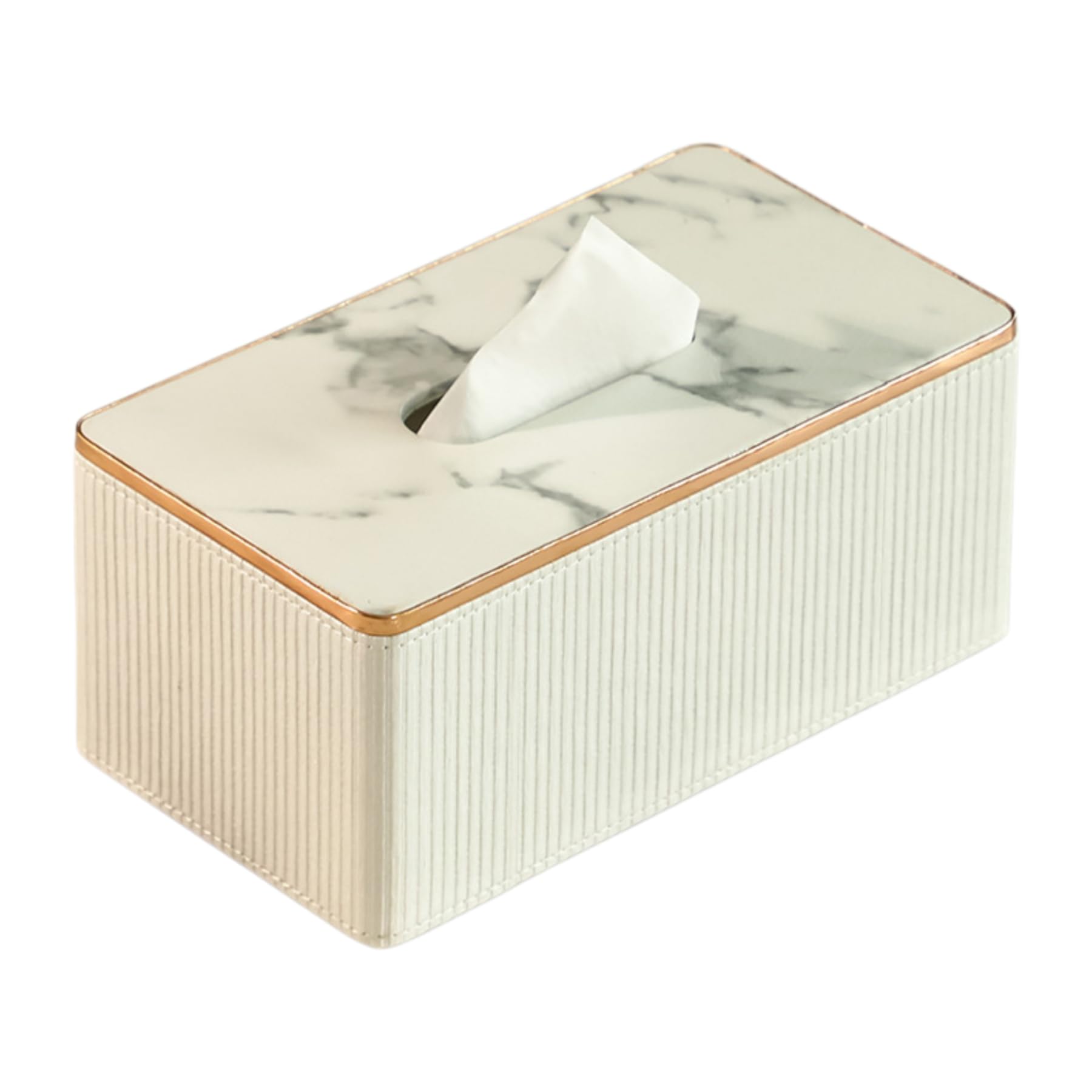 Marble Top Ribbed Tissue Box Cover, PU Leather, Large Arc Corners,Rectangular Tissues-White Large