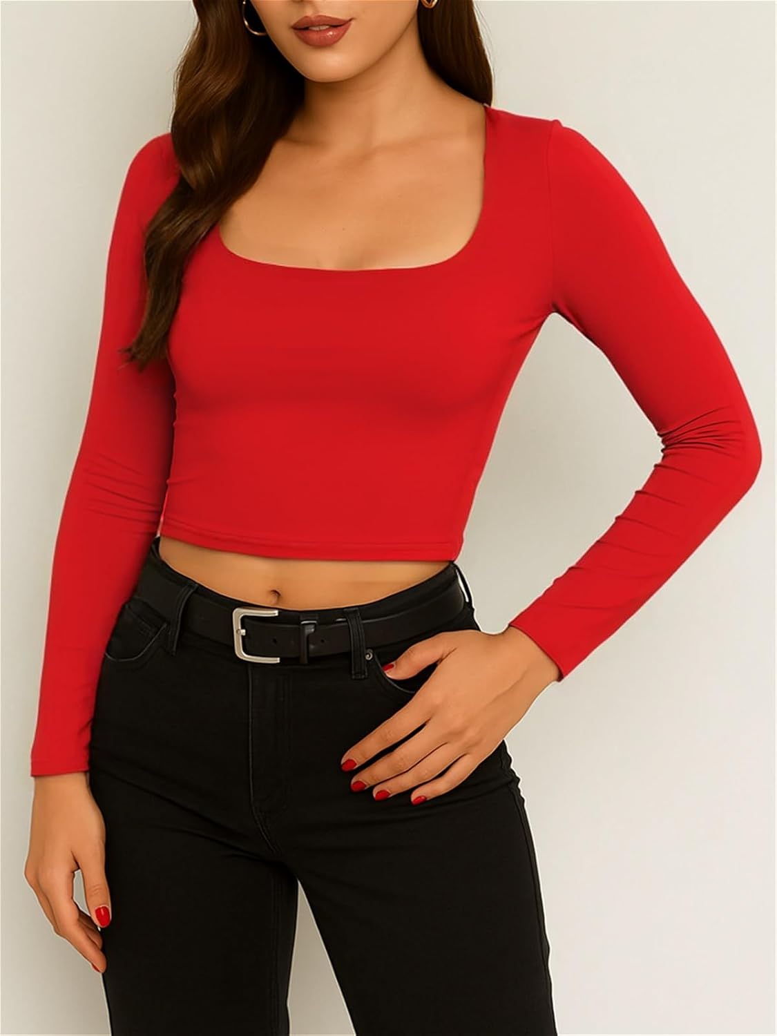 ForeFair Womens Square Neck Long Sleeve Crop Top Basic Going Out Top Tight Shirts Double Lined Tee - Image 5