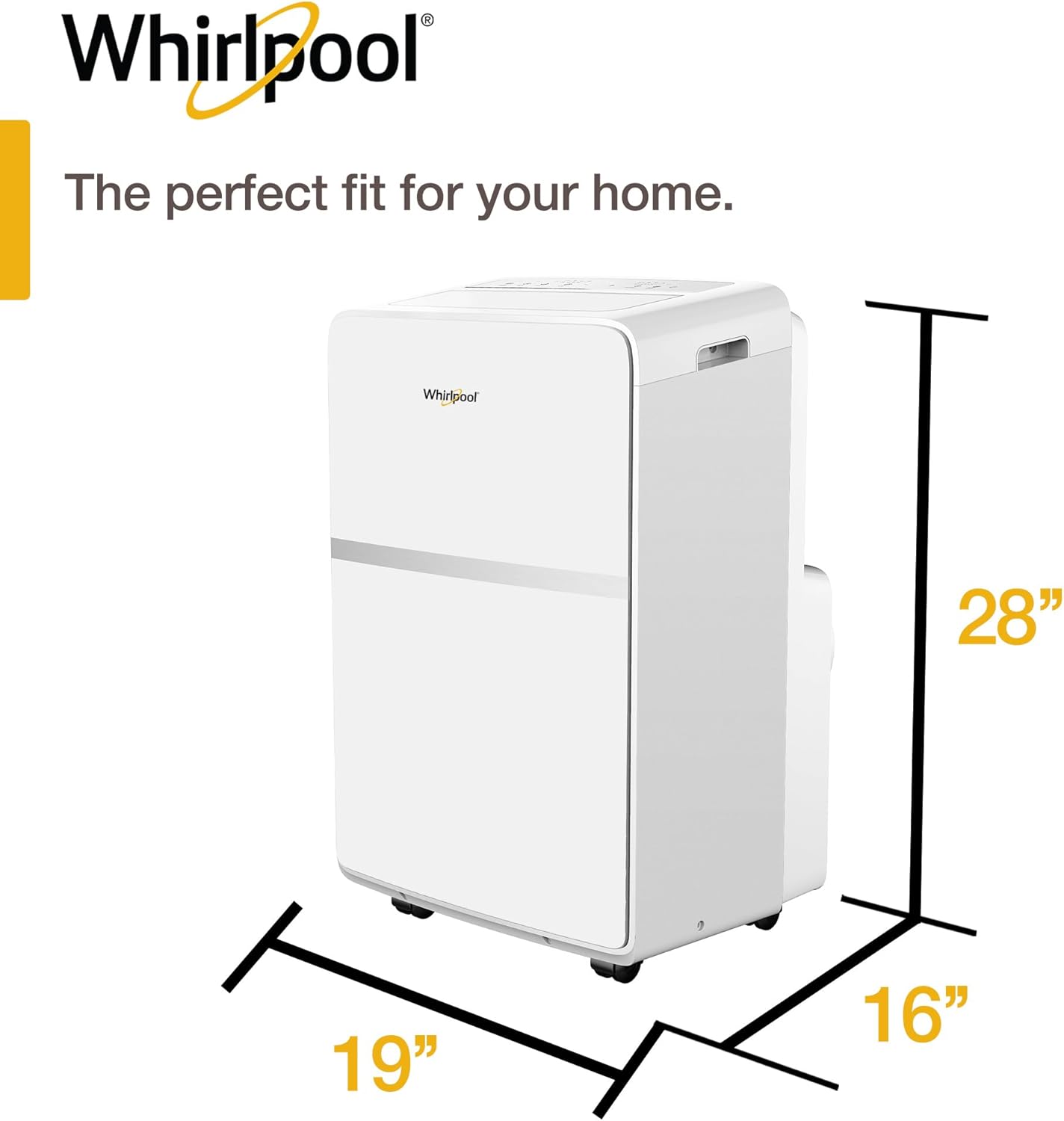 Whirlpool Portable Air Conditioner with dimensions: 28 inches height, 19 inches width, 16 inches depth