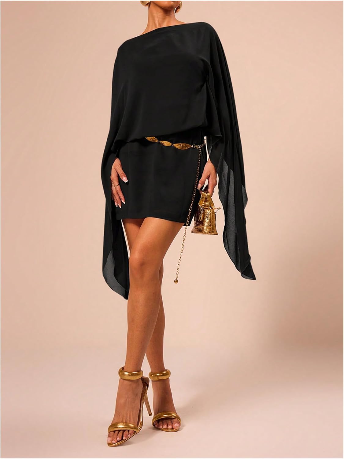 MakeMeChic Women's Boat Neck Cape Sleeve Mini Dress Ruched Bodycon Elegant Short Dresses - Image 4