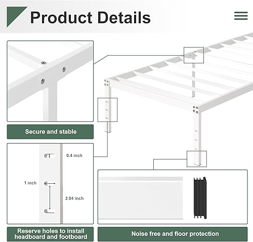 Miniatura 121 de Marco de cama de metal California King, plataforma de almacenamiento resistente de 14 pulgadas con soporte de listones de acero de 2500 libras,