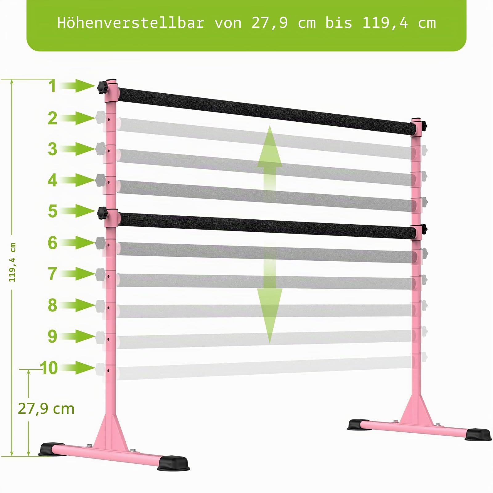 Dolibest Ballettstange Freistehend, 10 Höhenverstellbare Ballet Stange Rosa Kinder Mädchen Tragbar Tanzstange Erwachsene Zuhause Mobile Boden Fitness Yoga Stretchstange