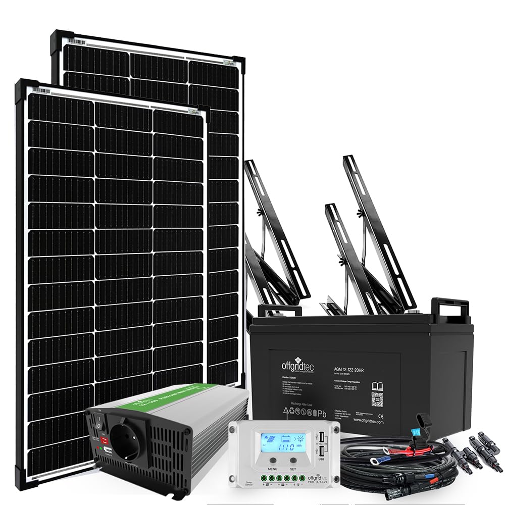 Offgridtec 200W Garten-Solaranlage 12V, Off-Grid-Komplettsystem mit AGM 122Ah Batterie, 500W reiner Sinus-Wechselrichter, PWM Pro 20A USB-Laderegler, 2× 100W Mono-PERC-Module, Wand- oder Bodenmontage