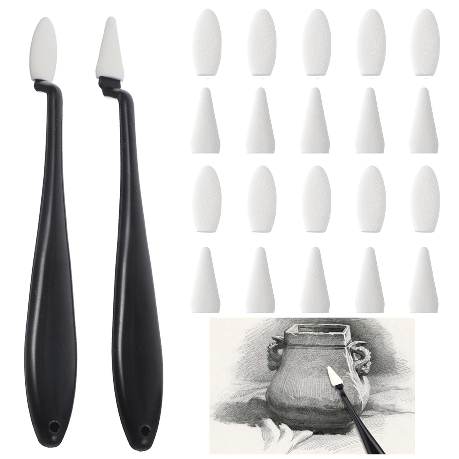 GVPOELR Difuminadores para Dibujo, 2 Cuchillos de Dibujo, Difuminador de 2 Estilos Diferentes, Difuminos para Dibujo, 10 Esponjas Redondas y Otras TantasPuntiagudas, para Dibujar y Esbozar (Negro)