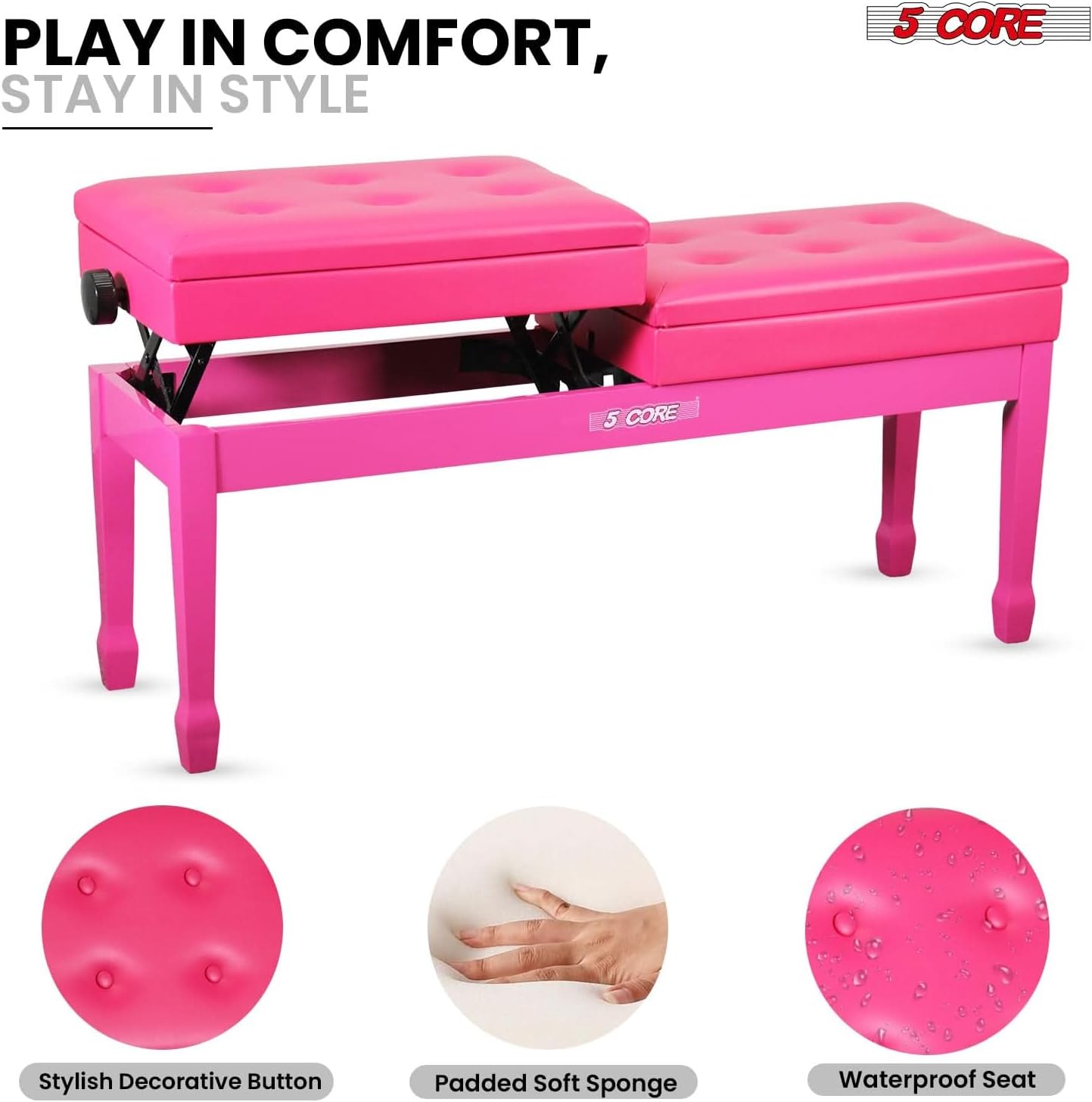 5 CORE Duet Piano Bench with Storage Wooden Height Adjustable Keyboard Stool for Two Heavy Duty Padded Cushioned Seat Solid Sturdy Chair for Adults and Kids (Cherry)