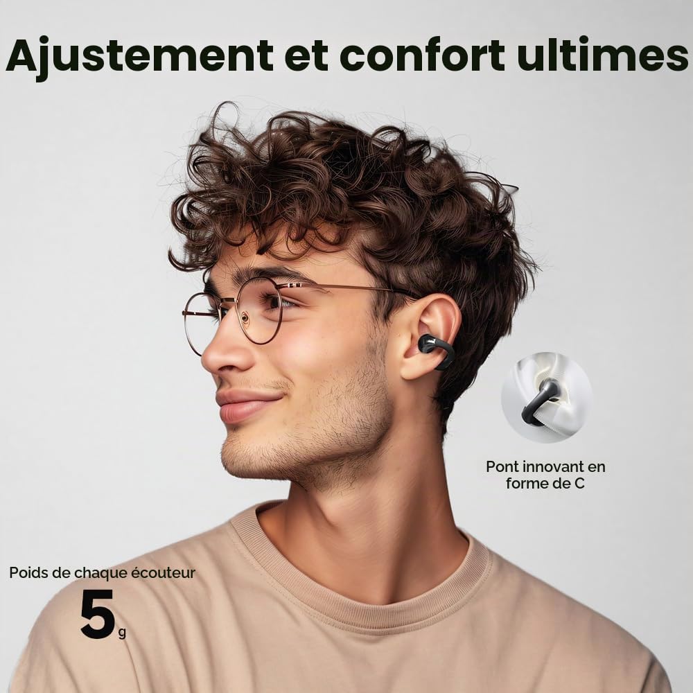 QCY Crossky C30 Écouteurs Bluetooth sans Fil,Écouteurs Sport Bluetooth 5.4 Clip Ouverts,avec Micro antibruit 4 ENC,EQ personnalisé,Étanche IPX5, Idéal pour Le Sport/Fitness,Noir