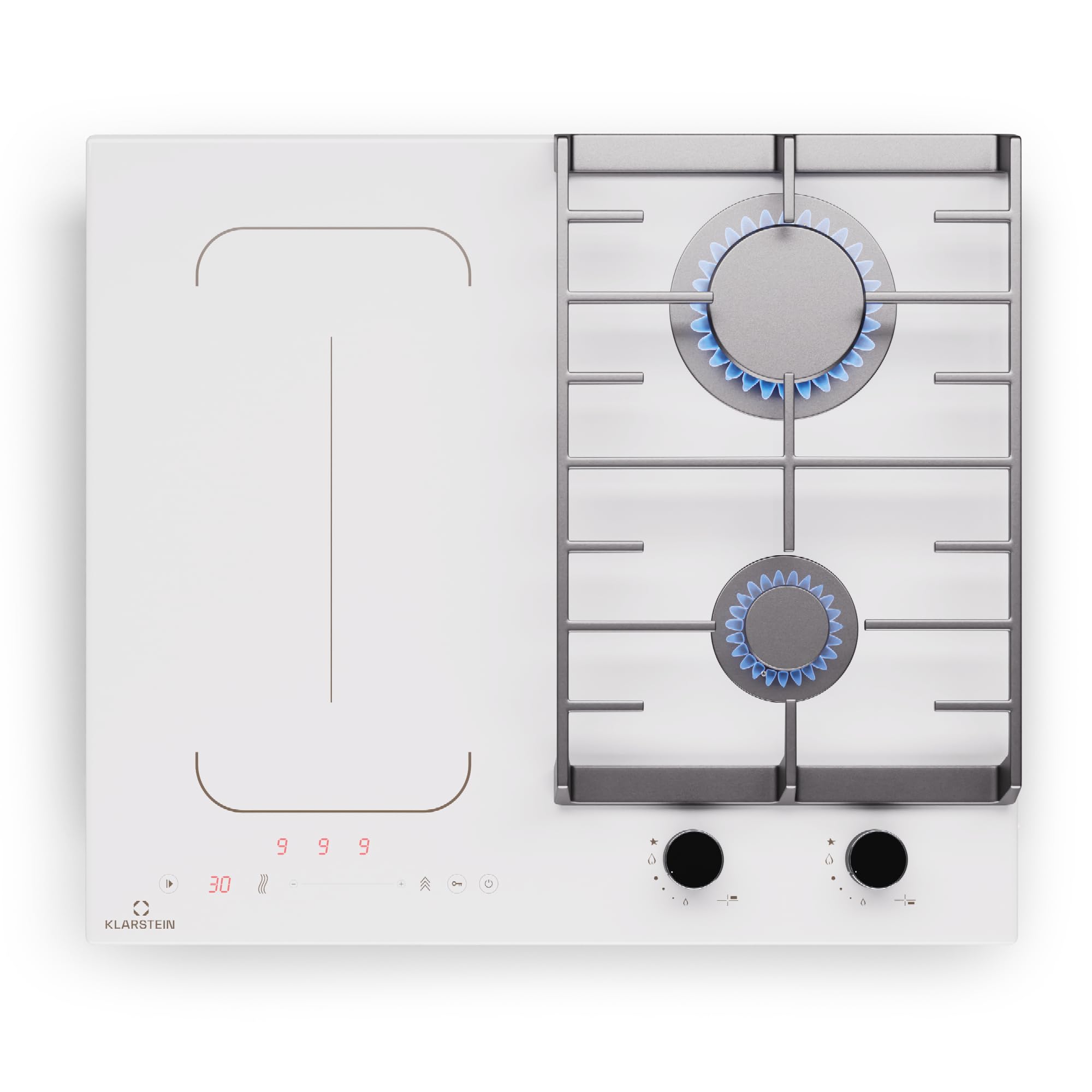 Klarstein MultiChef 4 Placa Mixta Gas Inducción - 4 Zonas (2 Gas, 2 Inducción), Flexzone, Control Deslizante, Stop&Go, Temporizador, 7Kw, Total, Blanco