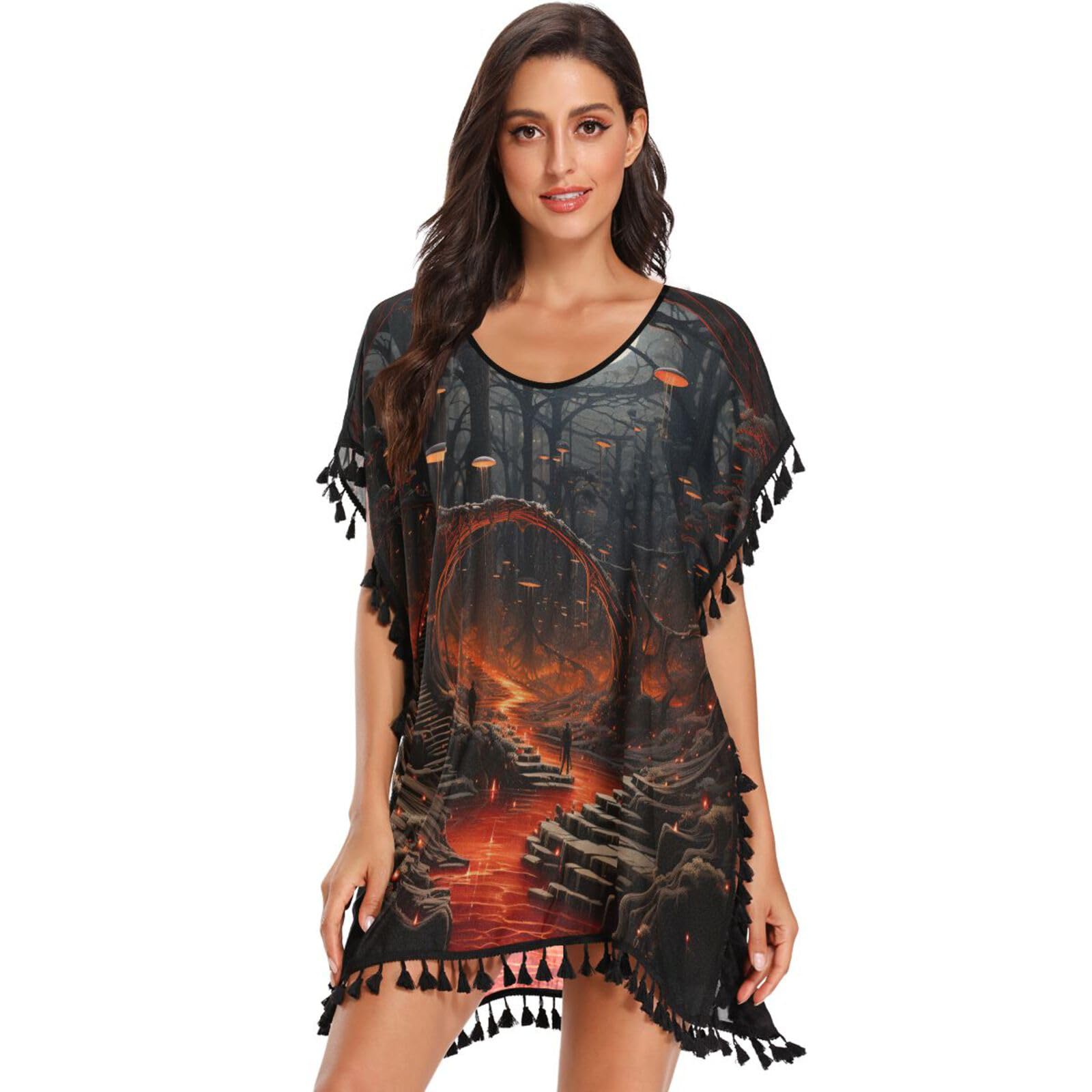 Black Dark Moon Art. Women's Beach Cover Up Chiffon Tassel Swimwear Swimsuit Coverups for Girl