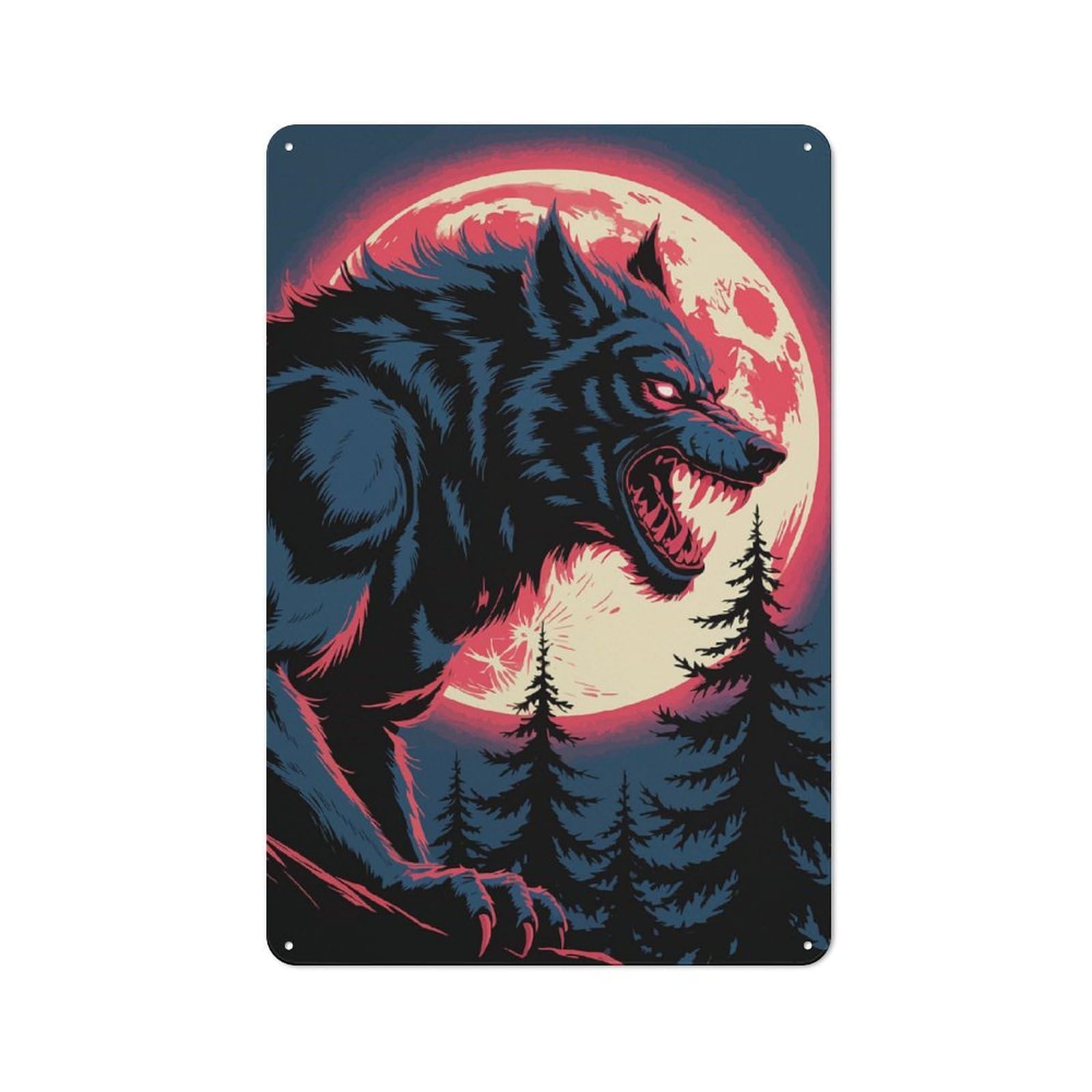 Junmoney Werewolf Howling At The Moon Illustration Rustic Metal Sign 30X20cm For Dining Room Or Kitchen, For Kitchen, Dining Room And Home Bar Wall Decor