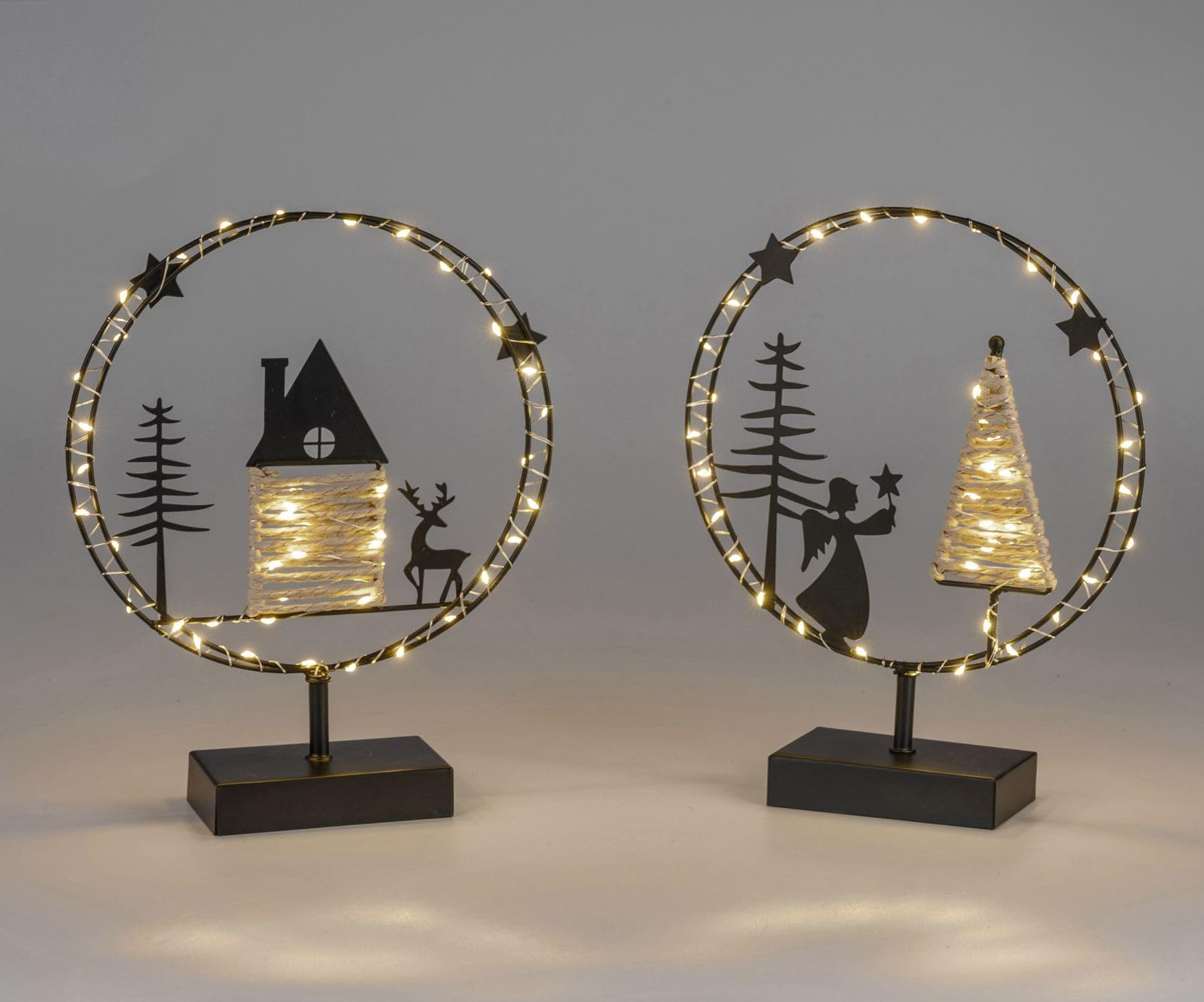 formano LED-Kreise 2er-Set Engel & Winterdorf Timer 6h/18h Weihnachtsdeko | Je 43 Lämpchen, warmweißes Licht, Sisal-Akzente, für die Winter- und Weihnachtszeit