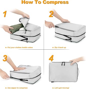Compression Packing Cubes, Lumesner 8 Set Travel Essentials Packing Cubes for Carry on Suitcases, Compression Suitcase Organizers Bag Set & Travel Cubes (8-piece,Grey)