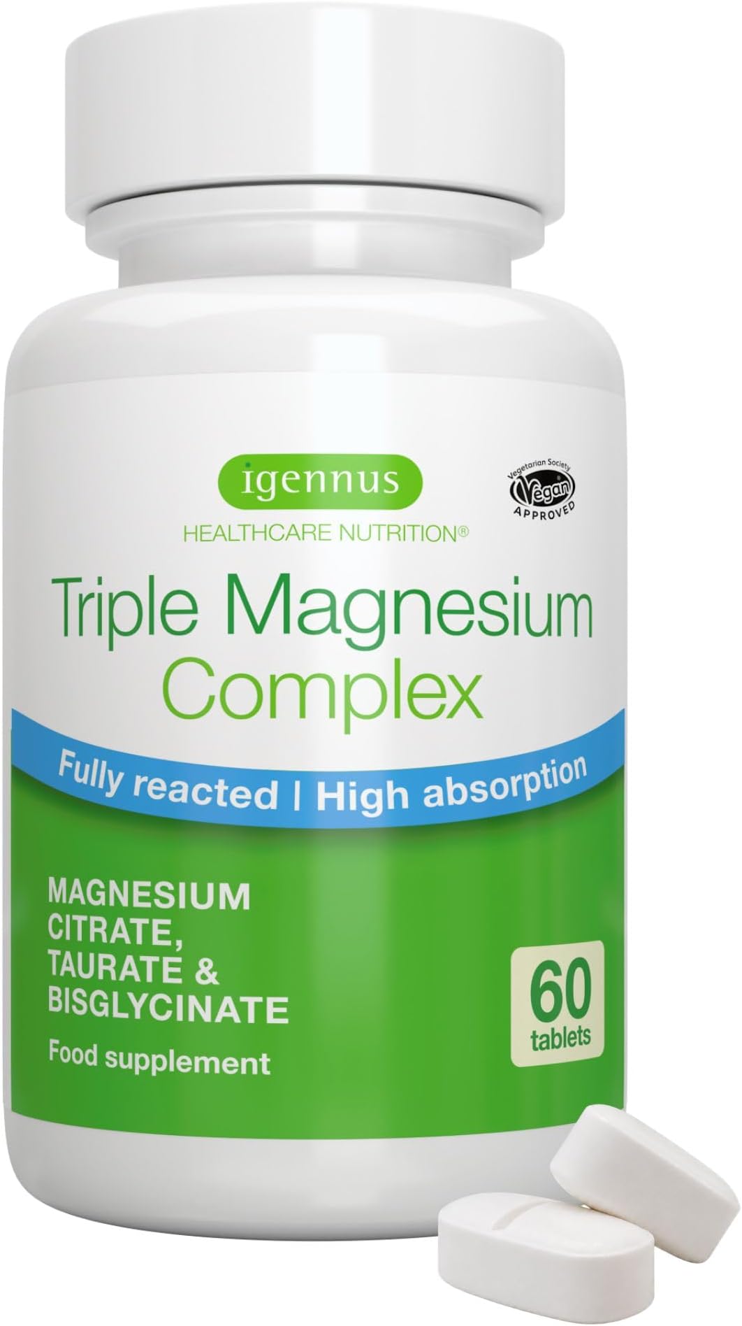 Igennus Superior Fully Reacted Triple Magnesium Complex, 262mg Body-Ready Elemental Magnesium, Glycinate, Citrate & Taurate Blend, Clean Label & Chelated, Vegan, 60 Tablets